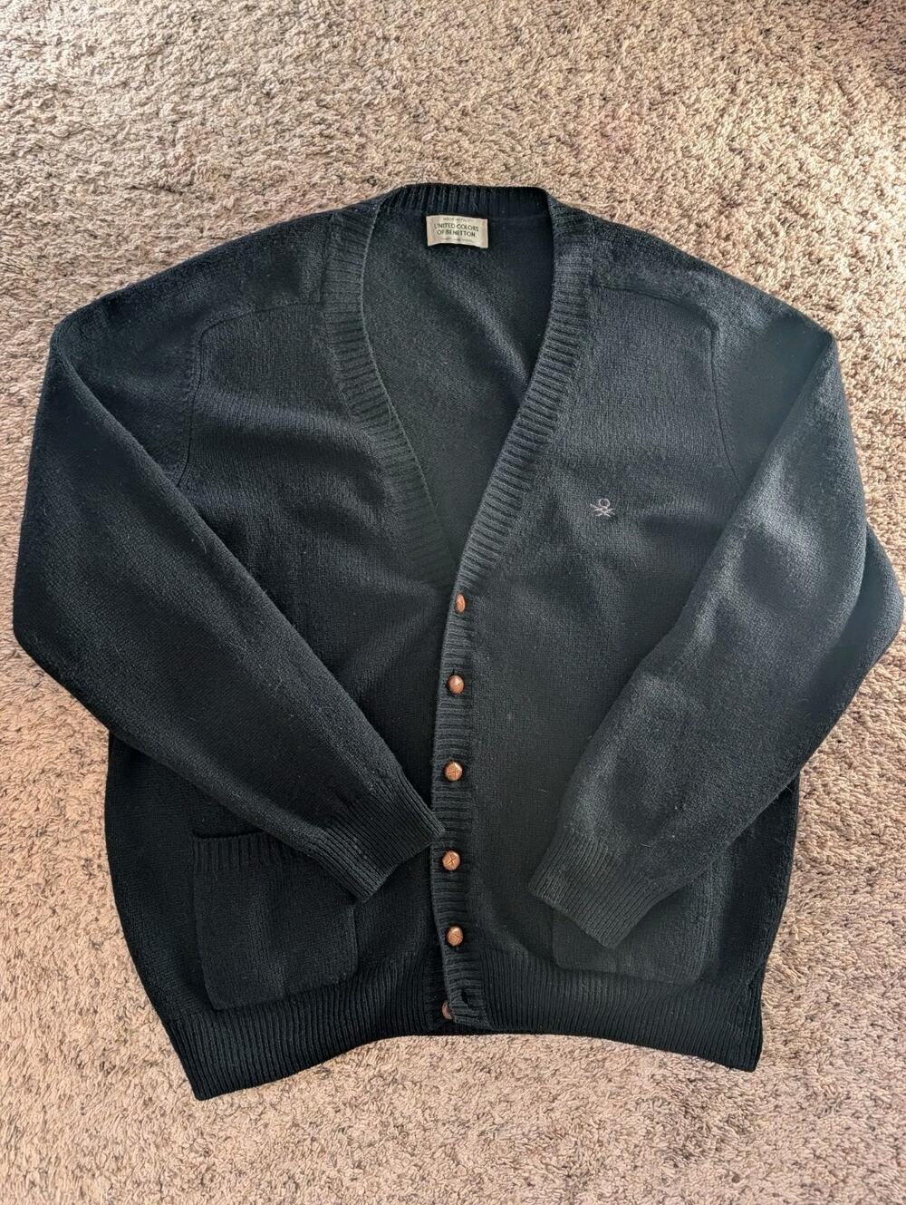 United Colors of Benetton Men's Shetland Wool Vtg VNeck Cardigan L Pockets Black